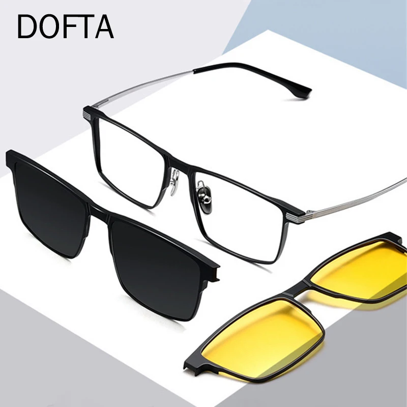 DOFTA Square Pure Titanium 2 In 1 Magnet Clip On Glasses Polarized Optical Prescription Eyeglasses Frame Men 5873