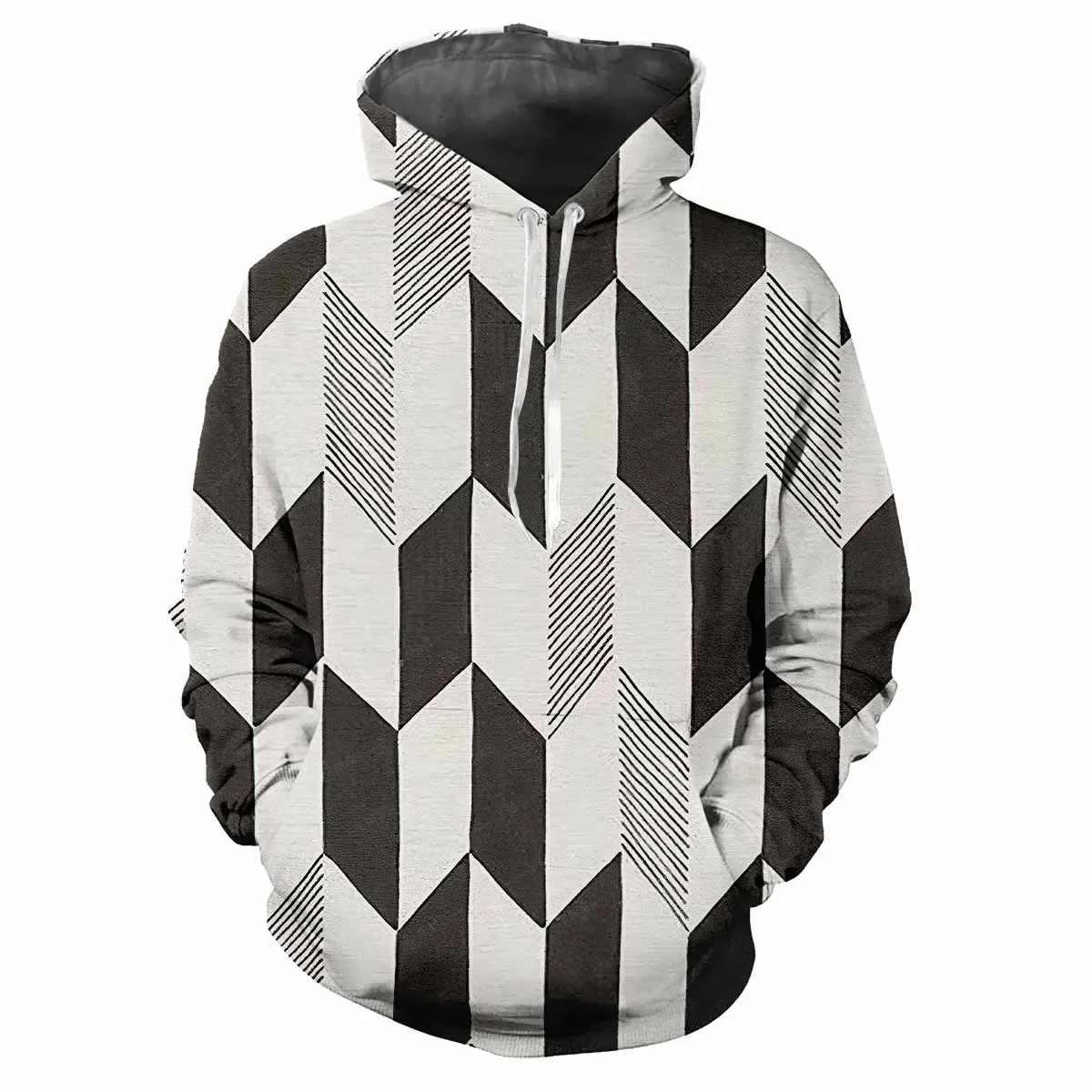 Trendy men's Hoodies 3D Print Black White Check Simplicity Patterns Casual Long Sleeved Pullover Oversize Tops Autumn and Winter