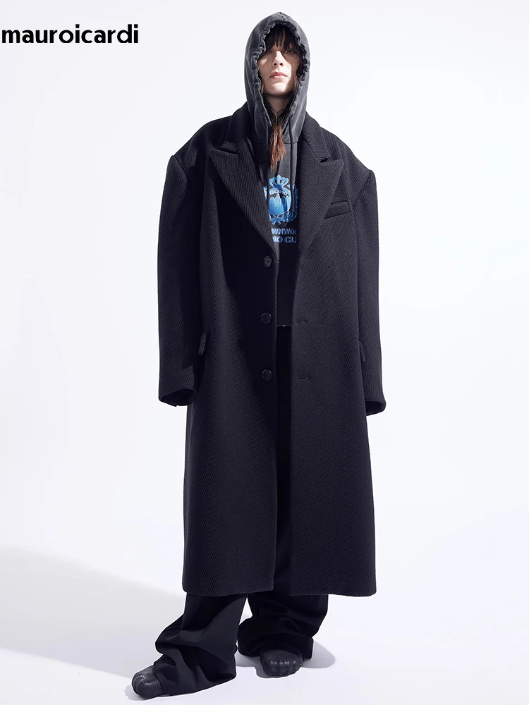 Mauroicardi Autumn Winter Cool Oversized Long Warm Black Woolen Coat Men Luxury Designer Clothes Wool Blends Overcoat 2024