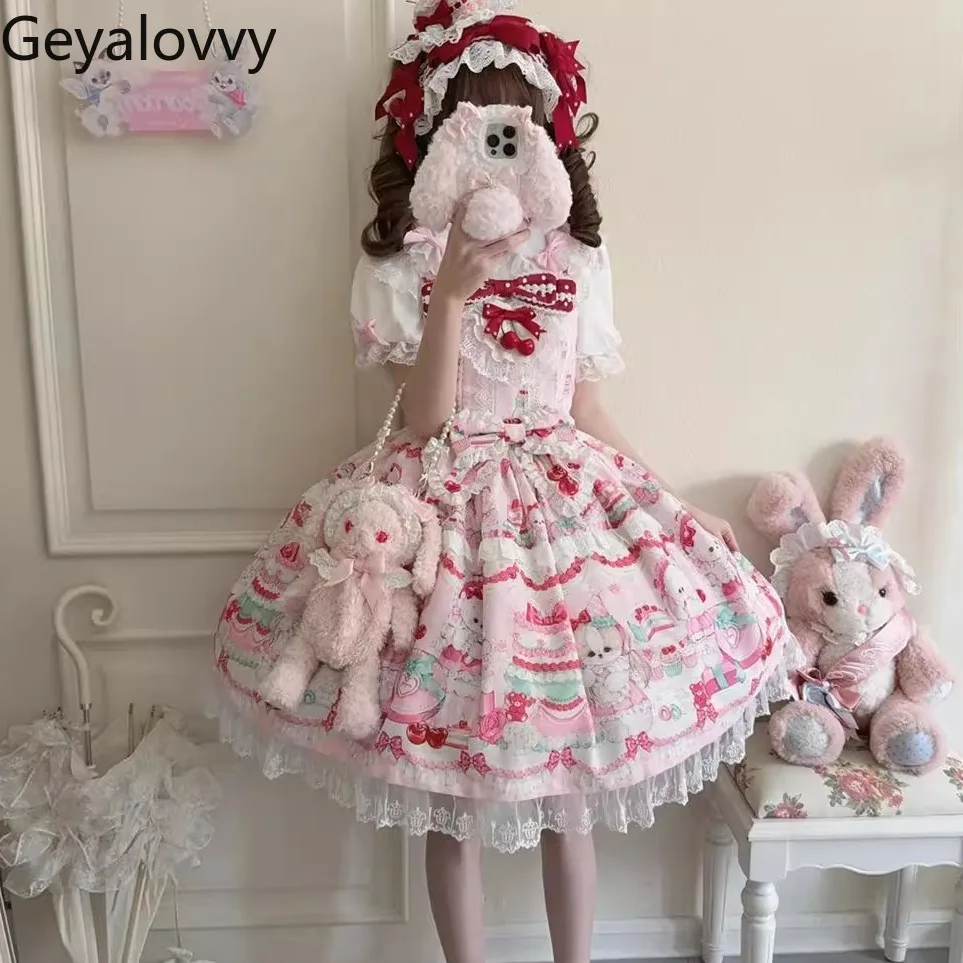 

Original Design Lolita Niche High Waist Bow Jsk Suspender Dress Sweet Girls Cartoon Print Sleeveless Birthday Party Dresses