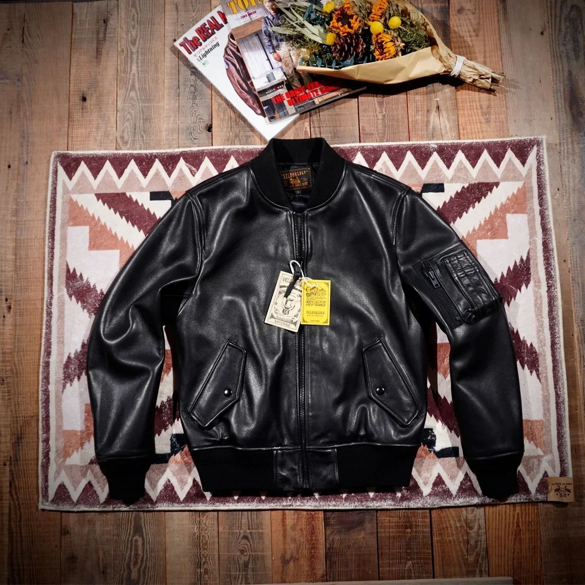 A  Classic MA1 Flying Suit Jacket, Water Dyed Cowhide Leather Jacket, Short Motorcycle Baseball Suit, Top Layer of Genuine