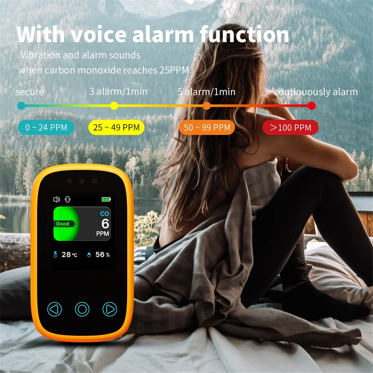 Travel Carbon Monoxide Detector Rechargeable CO Alarm Portable Mini Camping Tent Alarm with Color HD Screen,Orange