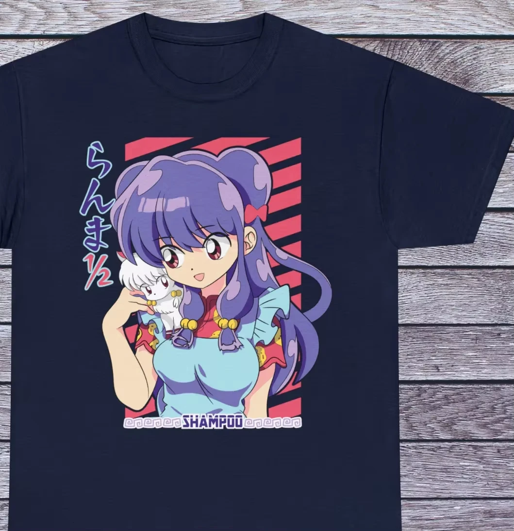 Camiseta de manga corta con cuello redondo de alta calidad para hombre, camiseta Kawaii Waifu Shampoo, Manga japonesa Ranma 1/2 90s, ropa de Anime