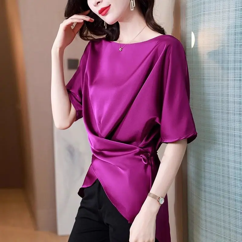 Summer Fashion Temperament Irregular Solid Color O-neck Short Sleeve T-Shirt Ladies Fashionable Elegant Loose Pullover Top Tee