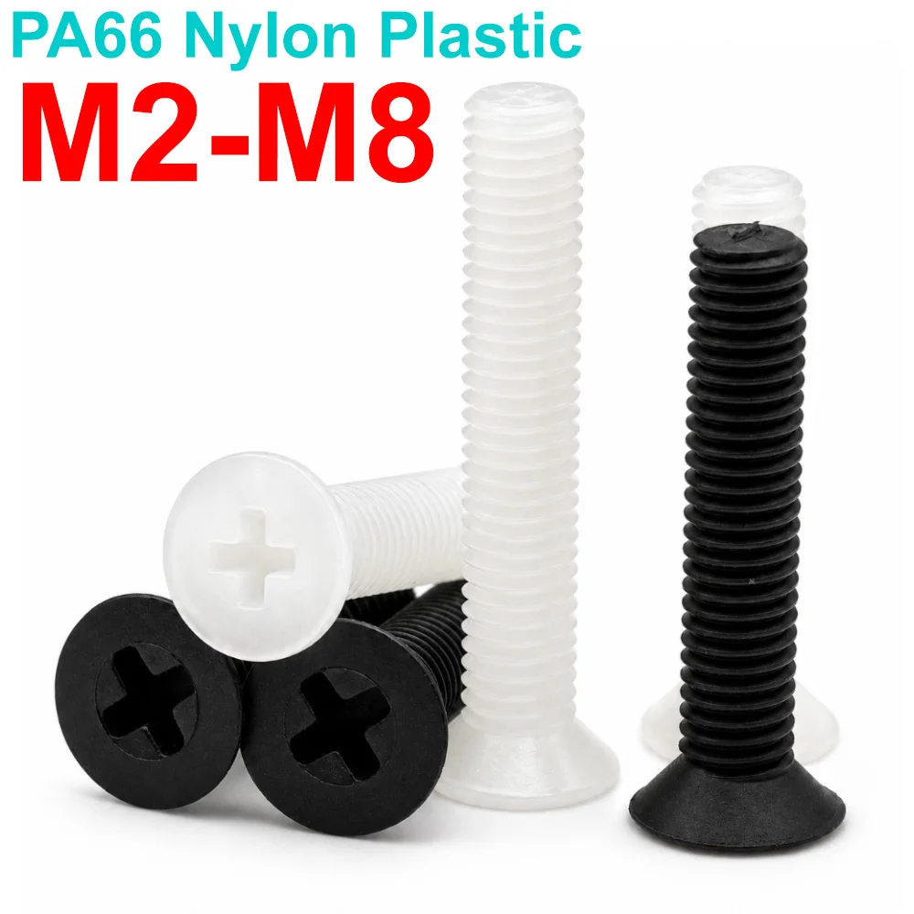 20/50100PCS PA66 Nylon Phillips Countersunk Flat Head Screws Insulated Plastic Machine Screw Bolt M2 M2.5 M3 M4 M5 M6 M8