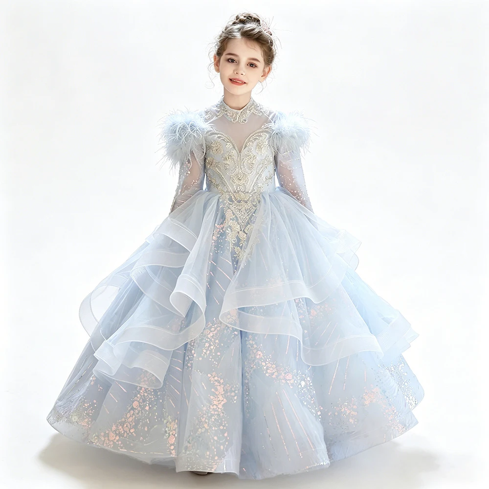 Vestido de tul elegante con capas, de lujo, con plumas en los hombros, ideal para concursos de belleza y eventos de noche, con mangas largas, para fiestas de cumpleaños y bailes de graduación, para niñas.