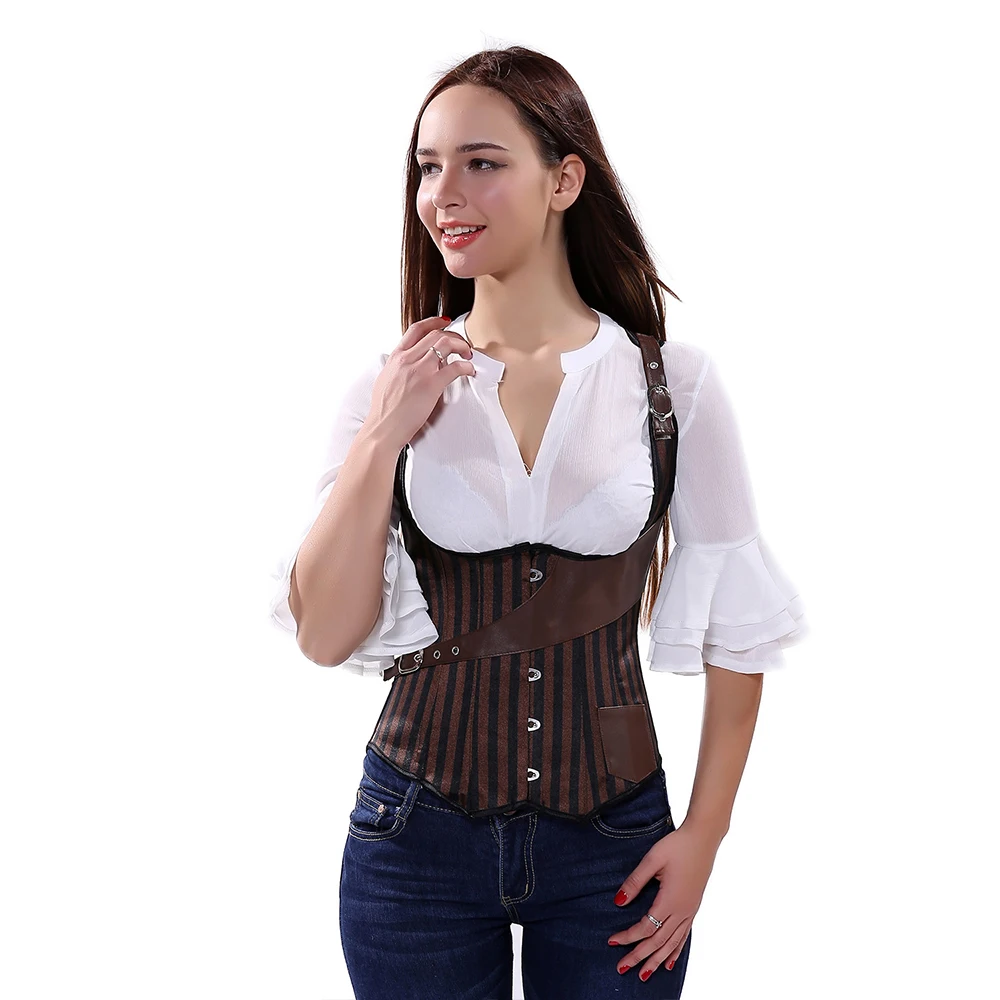 Gothic Pirate Corset Vest Women Corselet Steel Boned Striped Korset Steampunk Bustier Gorset