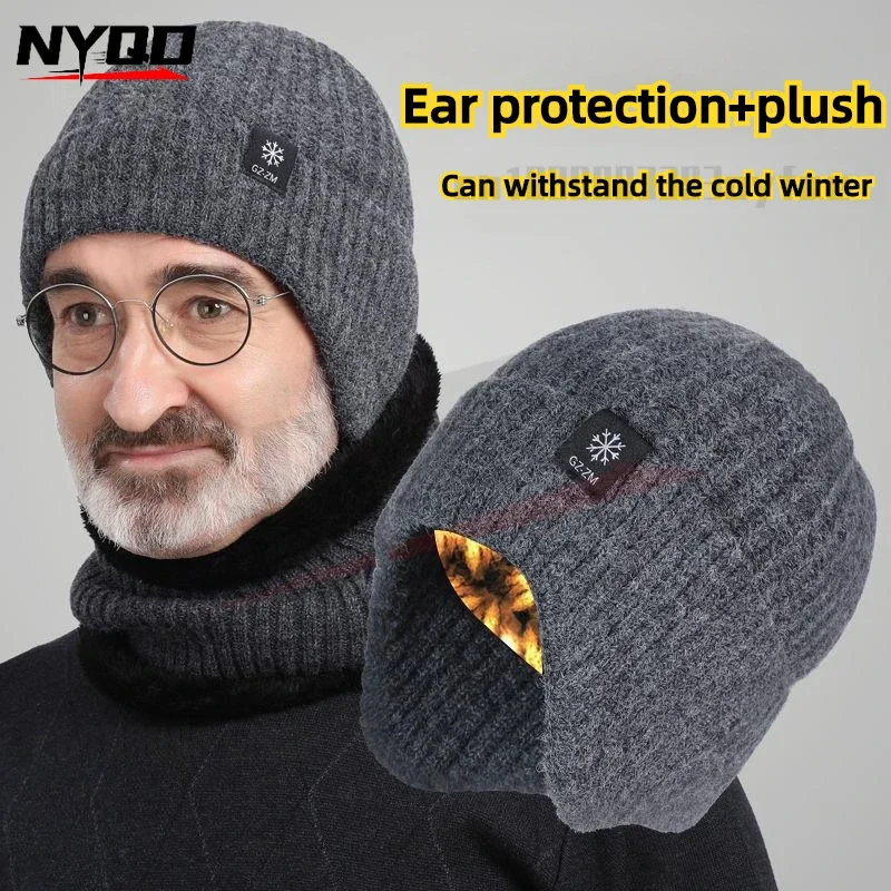 

Knitted Woolen Hat for Men Winter Warmth Ear Protection Hat for Dad Grandpa Outdoor Riding Plush Hat and Neck Protection
