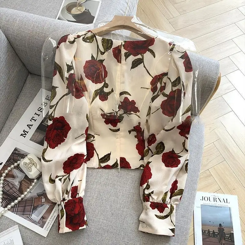 S-3XL Rose Blouses for Women Sexy Slim V-neck Long Sleeve Tender Blusas Aesthetic Retro Vintage Tops Ropa Mujer Korean Fashion