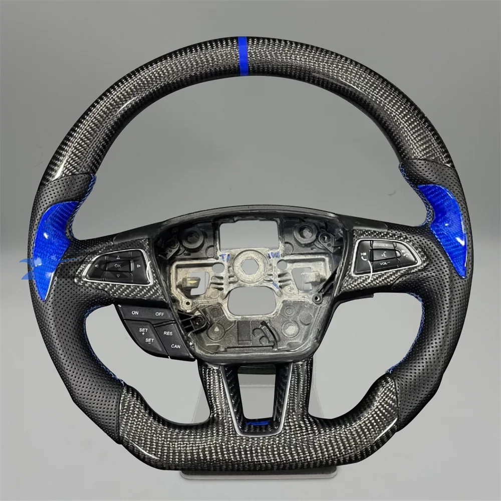 

Carbon Fiber Black Perforated Leather Blue Ring Steering Wheel For 2015 2016 2017 2018 Ford Focus Car accessory