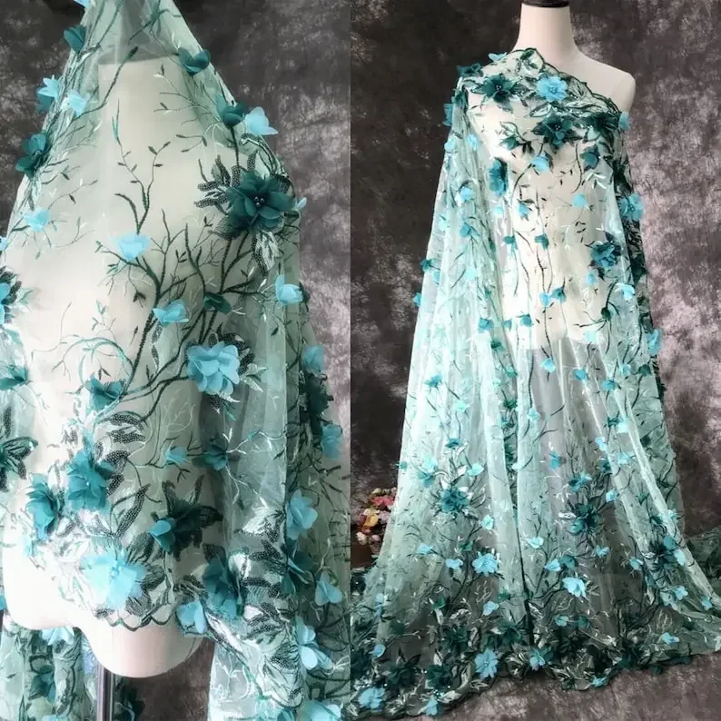 

Gorgeous Beaded 3D Flowers Lace fabric Beading flower embroidery Tulle Dress Bridal Veil Girl Tutu 0.5 meter