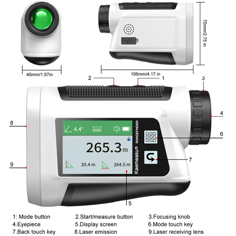 Imagem -05 - Golf Laser Rangefinder Laser Range Finder Medidor Quintal pé Unidade de Medição para Caça ao ar Livre Inclinação Velocidade Medidor Distância 1000m