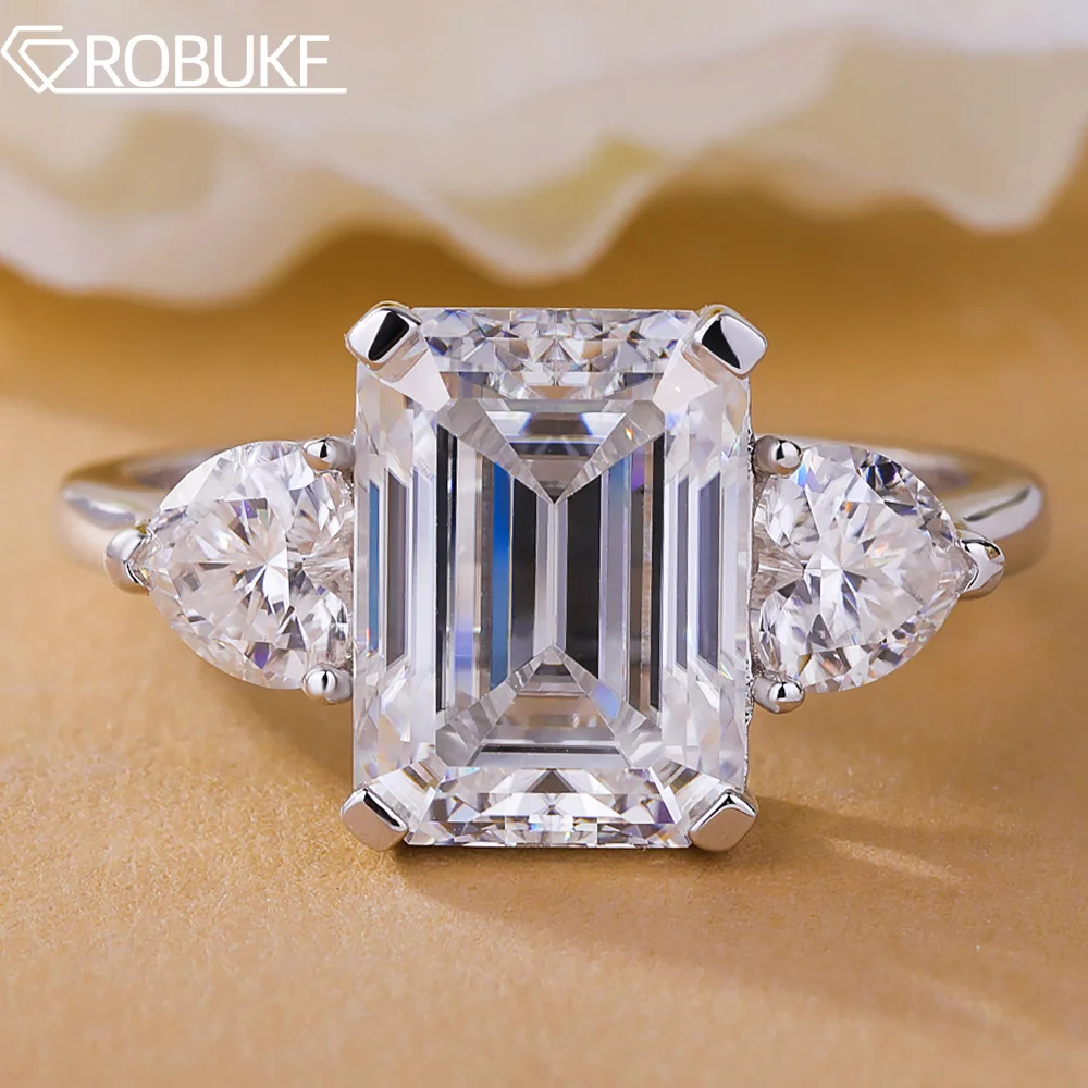 4.5CT Emerald Cut Moissanite Engagement Ring for Women 3 Stone Lab Diamond 925 Sterling Silver Side Heart Cut Wedding Band Gifts