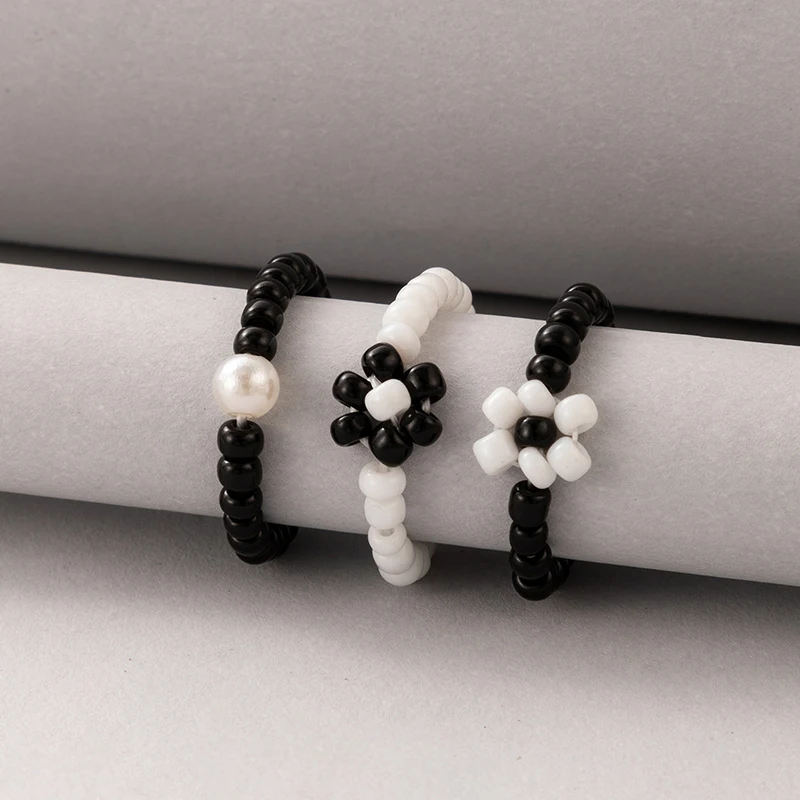 Tocona Colorful Beaded Joint Ring Sets for Women Charms Handmade Flowers Party Jewelry Accessories Anillo 3pcs/sets 20782