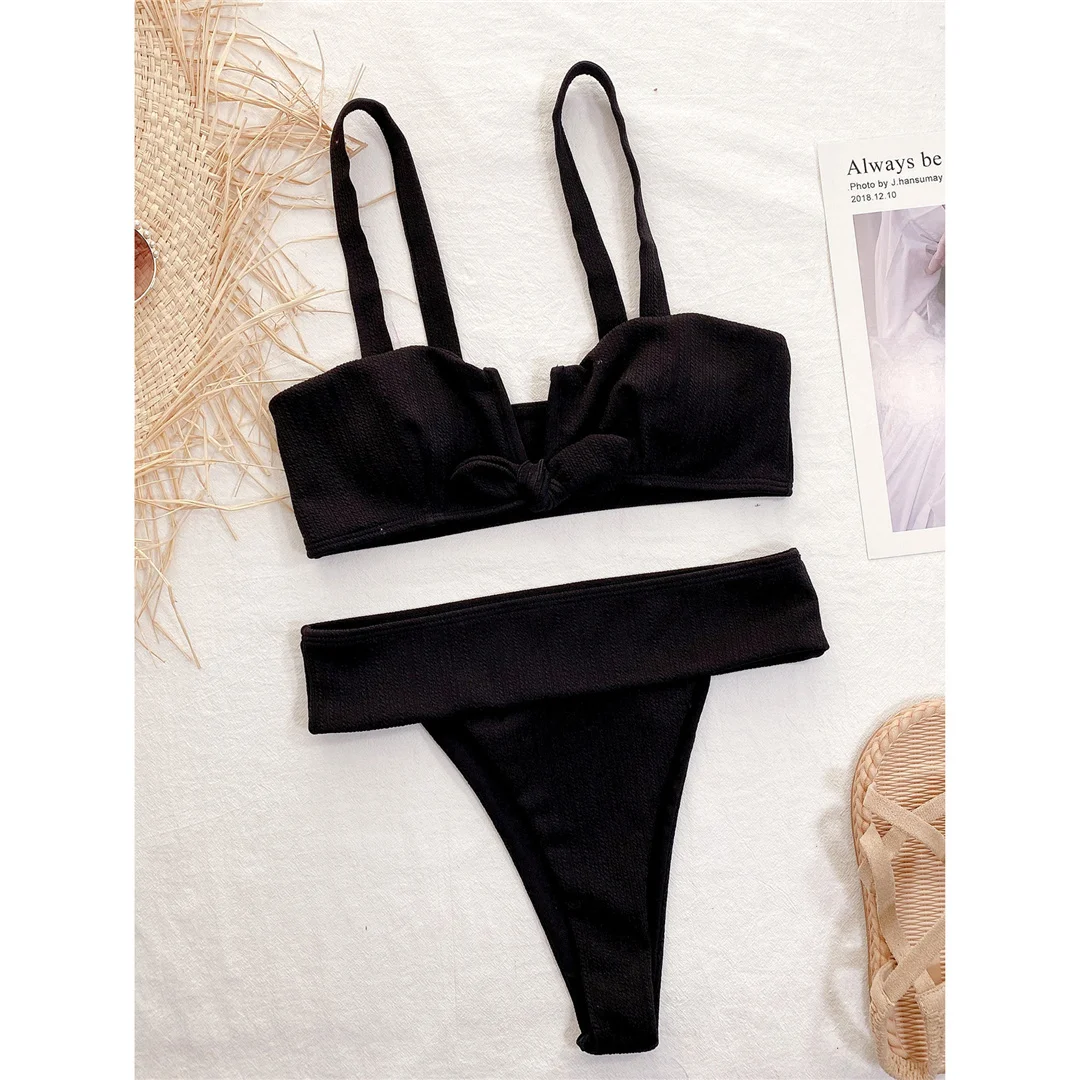 Schwarzer, hoch geschnittener, V-förmiger, gerippter Bikini, Damen-Badeanzug, zweiteiliges Bikini-Set, Badebekleidung, Badeanzug, Schwimmbekleidung V7873 – Detail 5