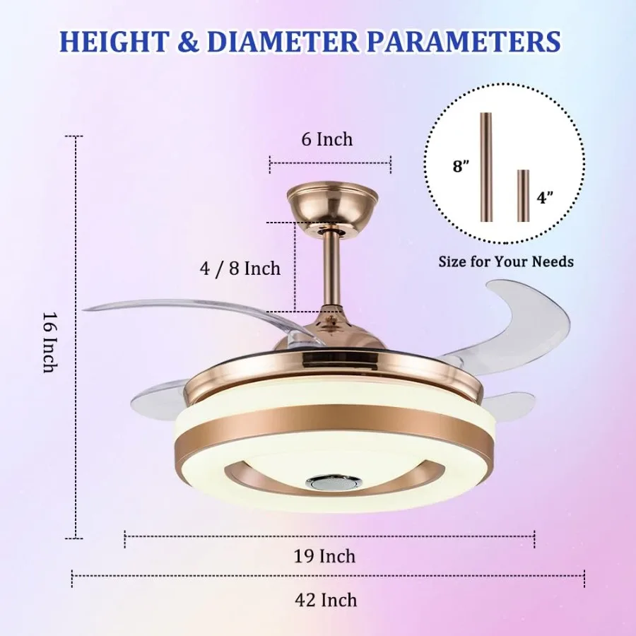 42-inch Ceiling Fan with Built-in LED Light and Remote Control for Indoor Use Modern Hidden Smart Retractable Design Low Profil