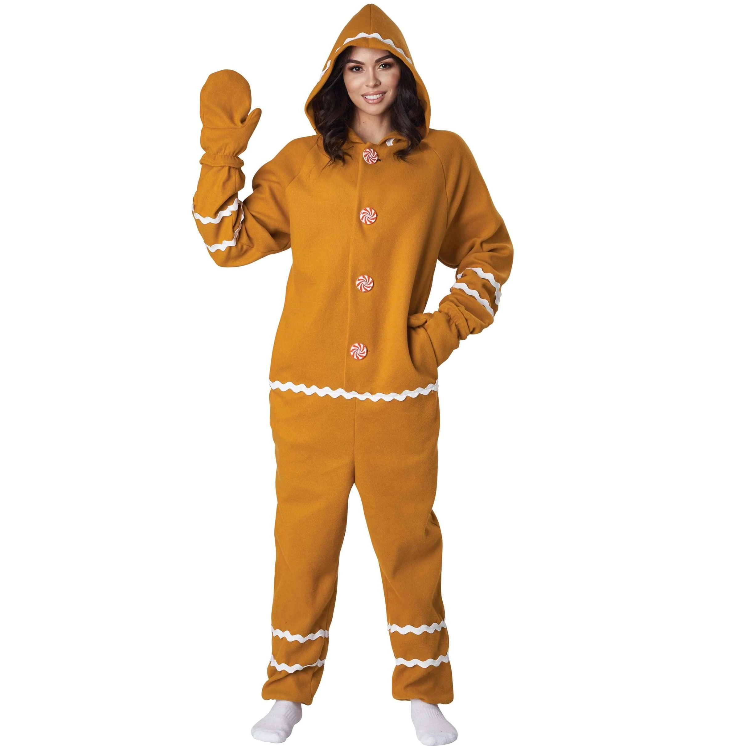 

Gingerbread Man Costume, Long Sleeve Hooded Patchwork Christmas Jumpsuit Cosplay Costume