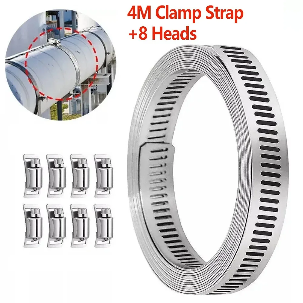 4M Adjustable Stainless Steel Hose Clamp Set Clips Fasteners Pipe Clamp Worm Gear Clip Hose Clamp with 8 Hoop Head