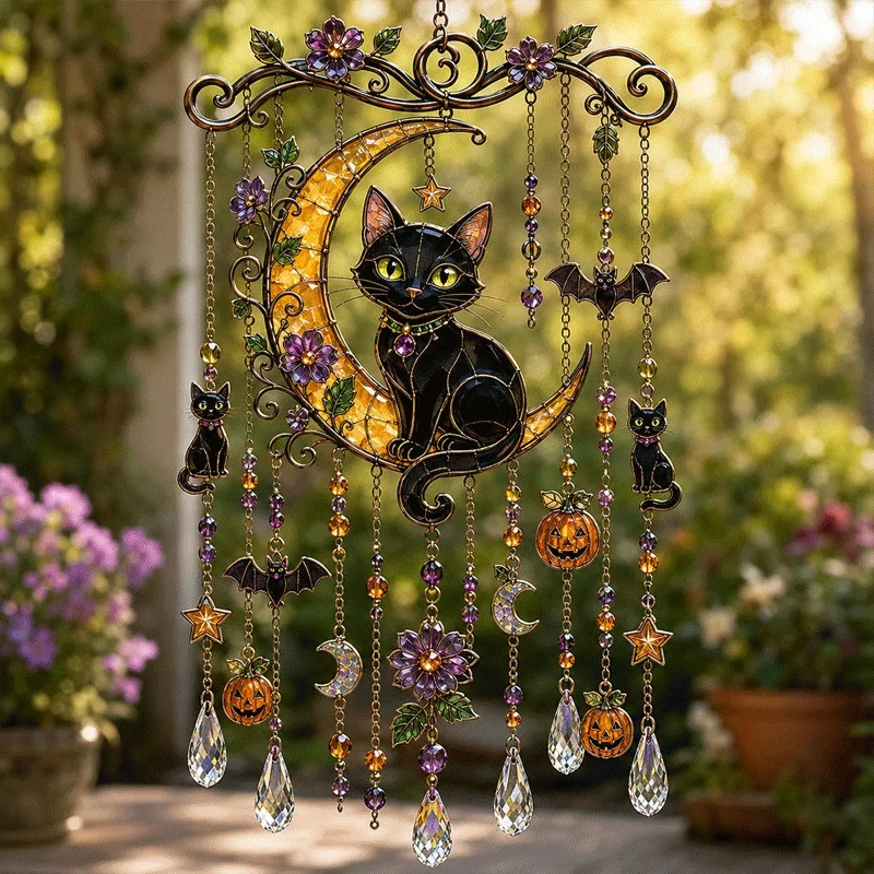 Halloween Black Cat Moon Crystal Suncatcher Wind Chime Hanging Pendant Garden Window Party Home Decoration Ornament Gift