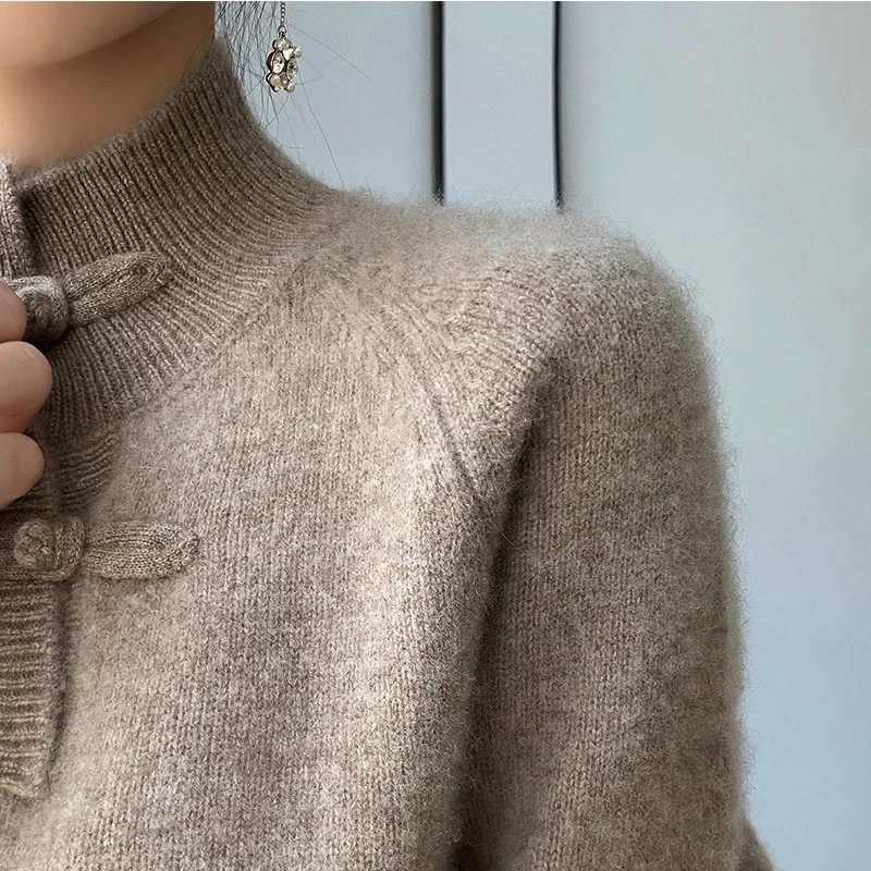 Women 100% Merino Wool Chinese Style Buckle Sweater Half-high Collar Knitted Basic Pullover Autumn Winter Thickening Soft Top