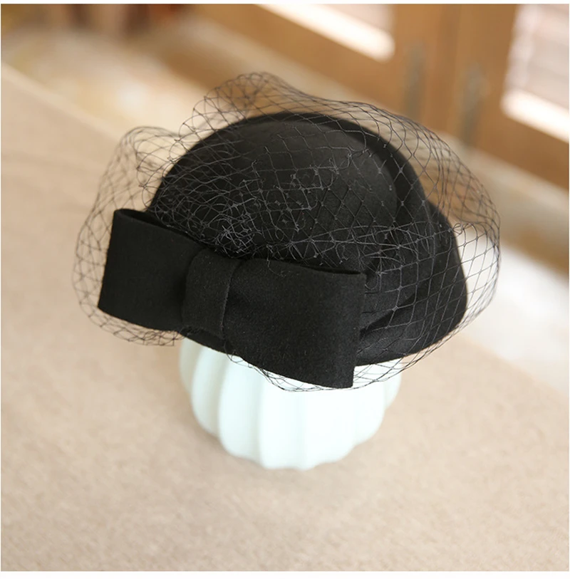 100% Wool Fascinator Hat with Veil,Women Cashmere Cap Celebrities Style Cap for Autumn Winter,Photography Wedding Party Headwear