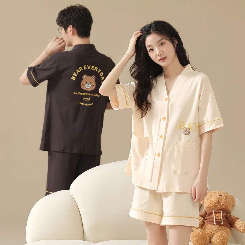 Summer 100% Cotton Short-sleeved Pajamas Suit Couple Pajamas Set Cute Cartoon V-Neck Cardigan Home Service