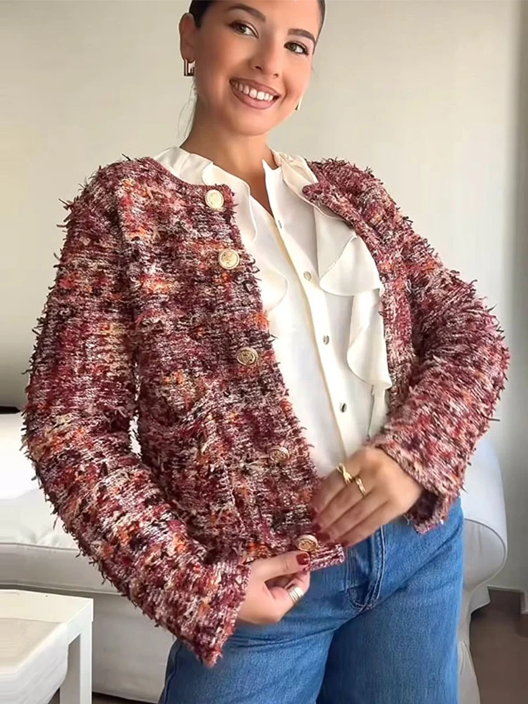 

Elegant Knitting Woolen Short Jacket Woman Chic O-neck Single Breasted Jackets Female Autumn Fashion New Office Outwear Tops