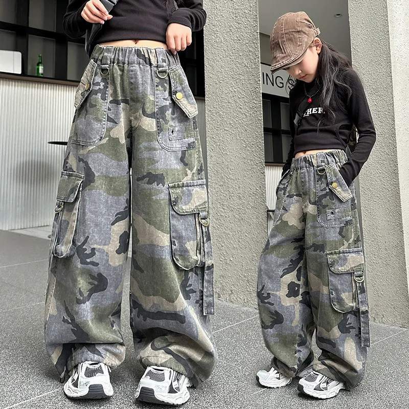 Girls Camo Cargo Trousers Kids Casual Clothes Pants Children American streetwear Camouflage Jeans Jogger Sweatpants Bottoms 4-14