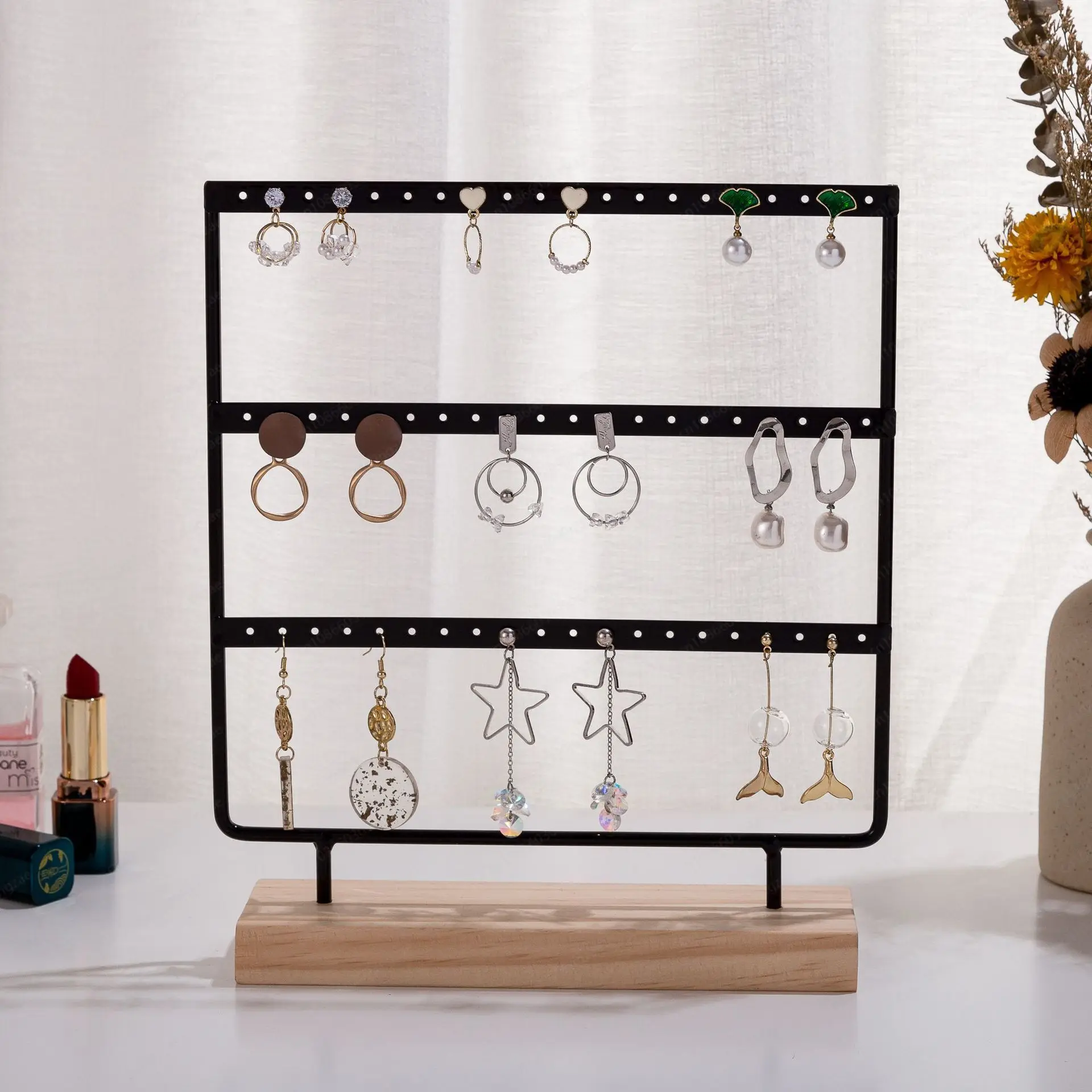 (excluding Jewelry) Hot-selling Wrought Iron Earring Rack, Three-layer 60-hole Jewelry Earring Storage Hanger, Jewelry Rack