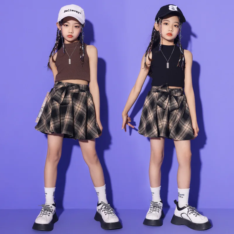 Hip Hop Clothing Kids Sleeveless Top Plaid Skirt Street Dance Costume Teenager Ballroom Dancing Girls Stage Wear Clothes 10 12 Y