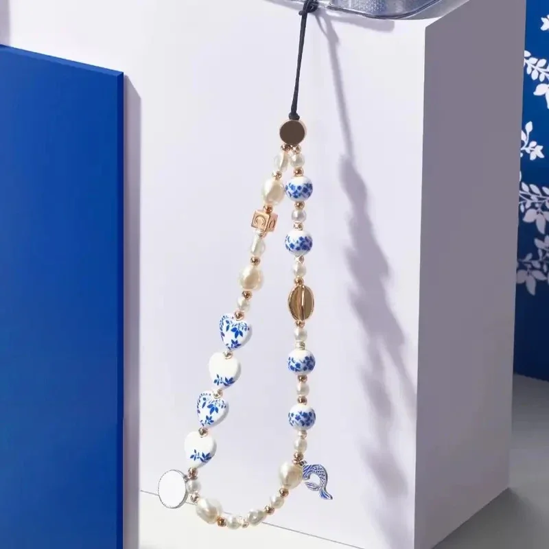The Blue and White Porcelain Phone Charm Short Beads Chain Mobile Phone Straps for IPhone Lanyard Bracelet for Samsung Galaxy
