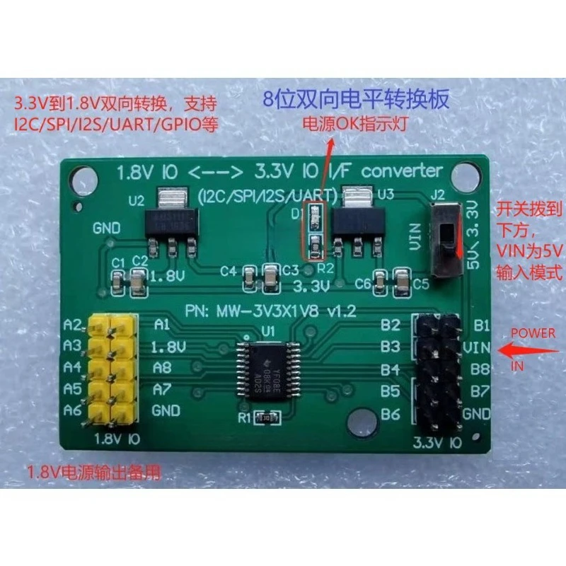 Bidirectional Level Shifter Board (8 Channels)/3.3V To 1.8V