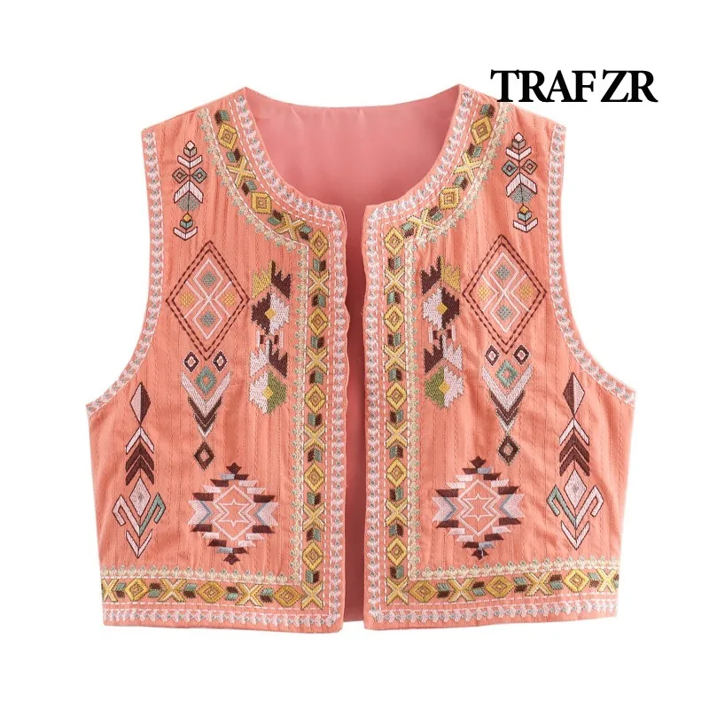 TRAF ZR Cotton Vests Ladies Tops Sleeveless Prairie Chic Holiday Tops Women's Fashion Vests Waistcoat Women Embroidery Vest