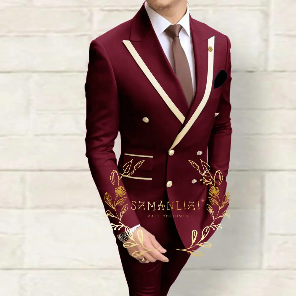 Double Breasted Men\'s Suits Navy Blue Peaked Lapel Slim Fit Wedding Groomsmen 2 Piece Sets Jacket Pants Costume Homme
