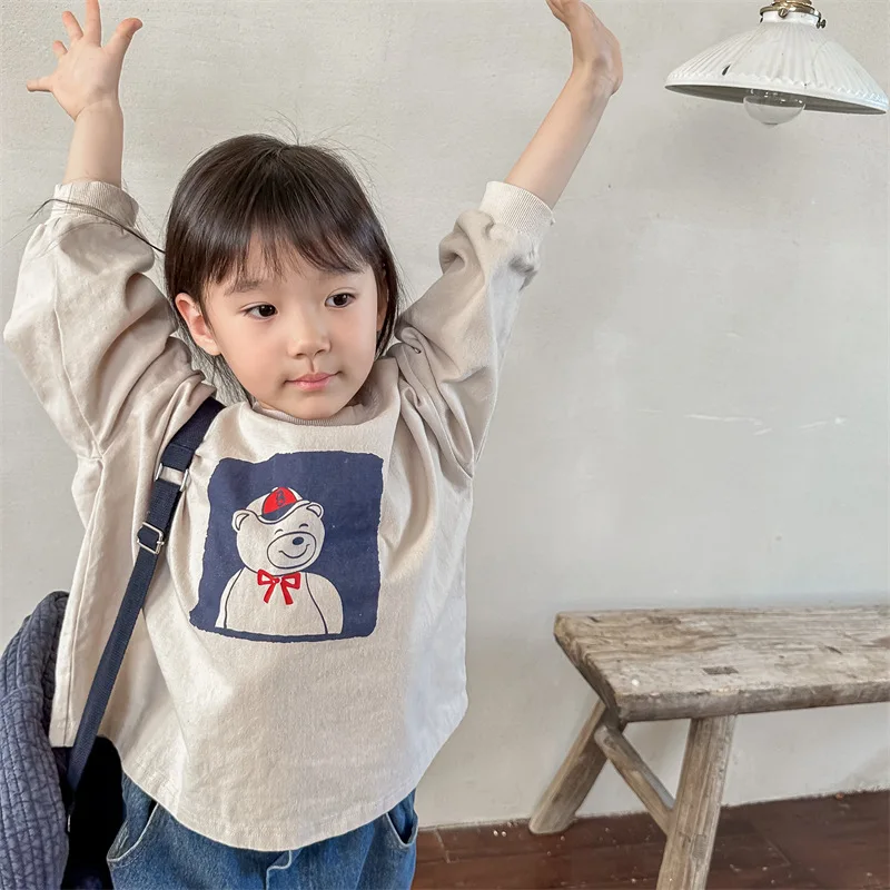 Spring new boys and girls cartoon bear printed T-shirts children cotton long sleeve Tees