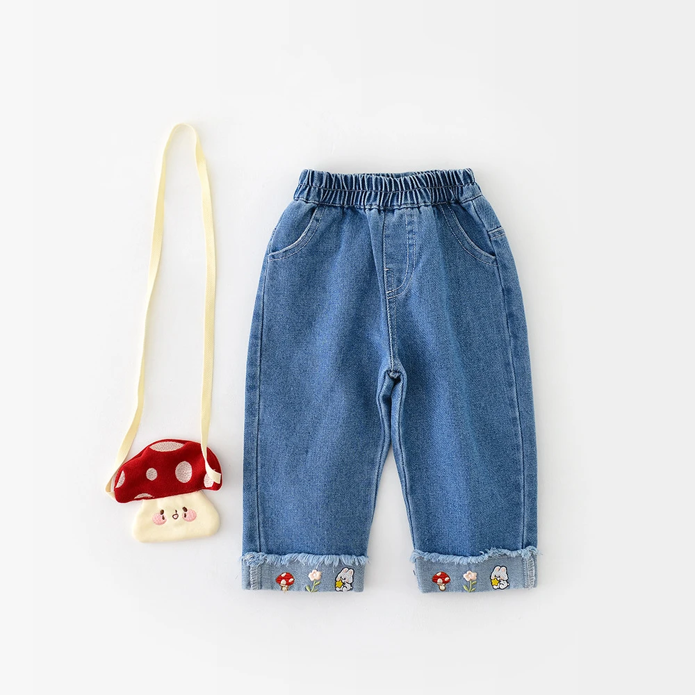 AYNIGIELL New Autumn Pants for Girls Aged 1-5, Straight Leg Washed Jeans, Children's Mushroom Embroidered Pants