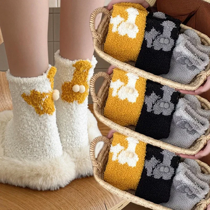 

1/4pairs Soft Thicken Coral Velvet Socks Autumn and Winter Fashion Cartoon Cat Warm Home Coral Velvet Middle Tube Socks Unisex