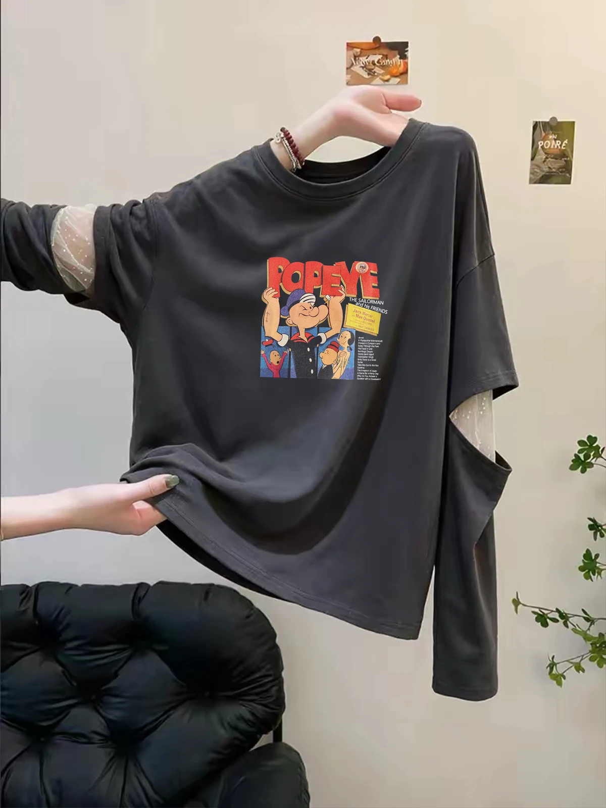 High-End Women's Long Sleeve T-Shirt Mesh Splicing Fake Two-Piece Autumn Fashion Versatile Beautiful Top Relaxing Style Creat...