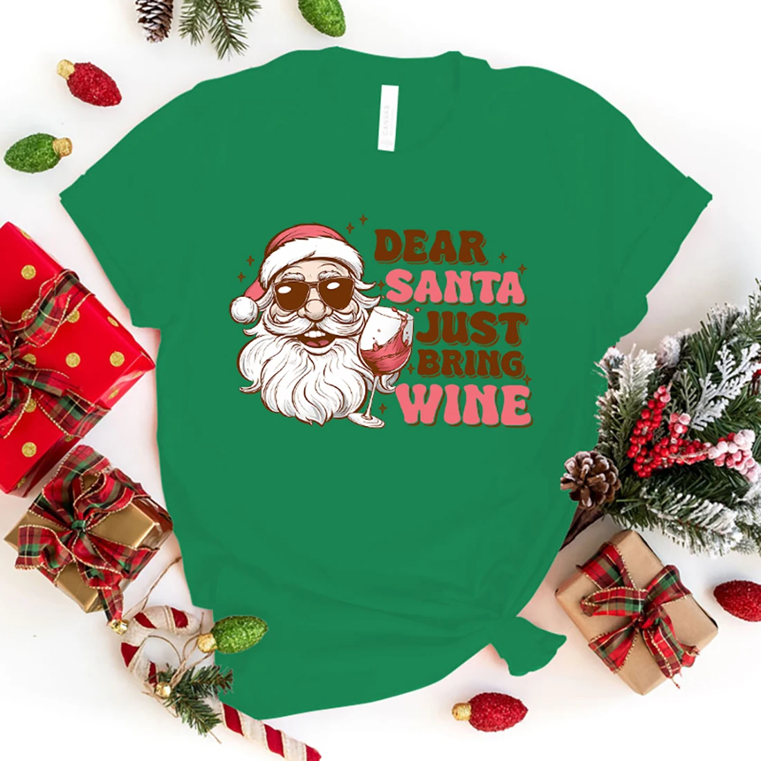 Funny Christmas Dear Santa Just Bring Wine Print T-Shirt Casual Graphic T Shirt Women Men Short Sleeve Round Neck Shirts