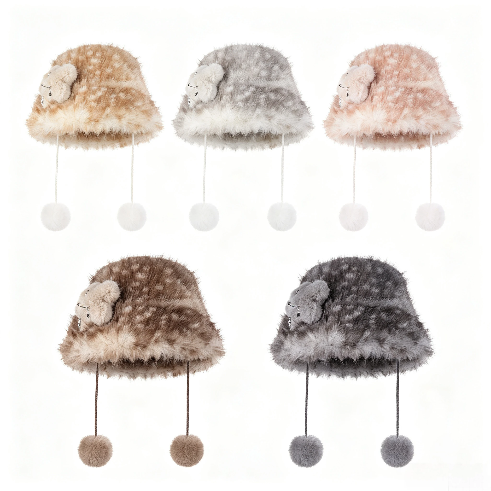 Women Winter Elk Spotted Faux Fur Fisherman Hat Cute Plush Bucket Hat with Pom Pom Strings Warm Ear Protection Deer Pattern Hat