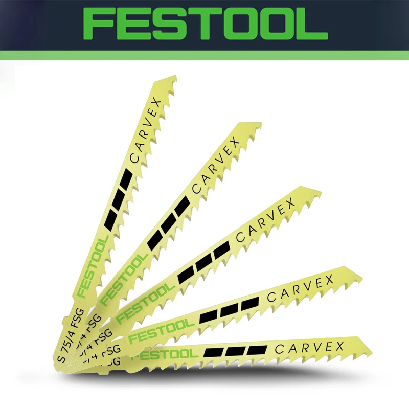 FESTOOL 204316 S 75/4 FSG/5 Jigsaw Blade Universal Wood Cuts 5-Pack Fast Linear Cuts Curved Saw Blade