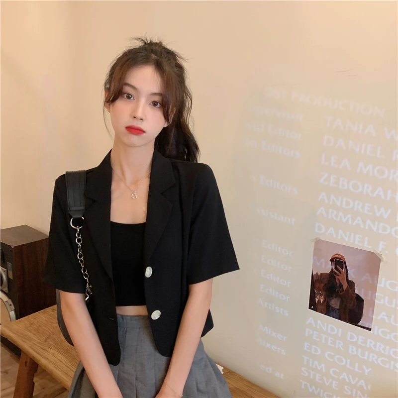 Abiti popolari coreani Vecchio denaro Donna Blazer nero Cappotto da donna Dimagrante Eleganza Versatile bianco a maniche corte Europeo americano