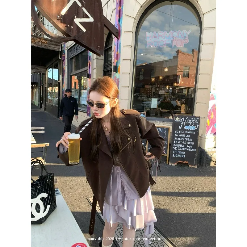 

YYAHAHAS 2025 Autumn New Motorcycle Leather Jacket Women's Style Fashionable Loose Short Solid Color Coat Top