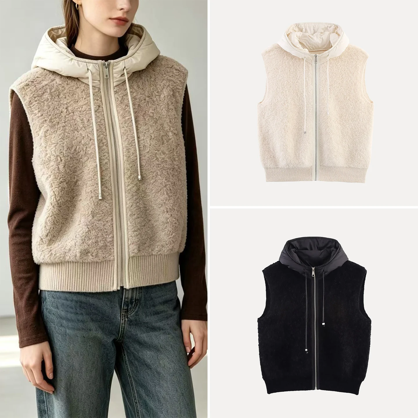Women's Casual Multi-Color Sleeveless Hooded Zipper Cardigan Vest 2026 New Autumn Fashion Outerwear Drawstring Closure