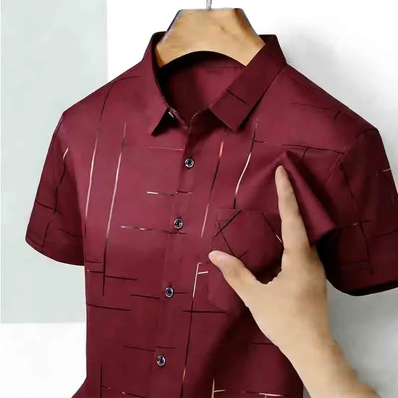 2026 High-Quality Men's Casual Fashion Shirt Short Sleeve Button-Down with Geometric Pattern