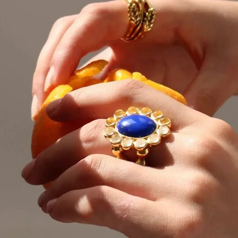

Vintage Brass Gold Plated Adjustable Open Ring with Natural Agate - Handmade Jewelry Gift for Women