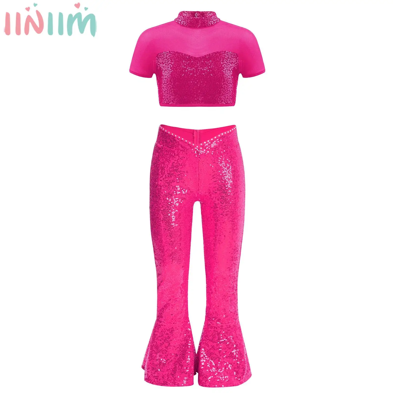

Girls Jazz Dance Cheerleading Performance Outfit Shiny Sequin Short Sleeve Mesh Cutout Crop Top with Zipper Bell-Bottom Pants