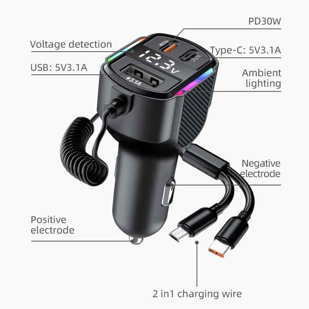 5 in 1 caricabatteria da auto da 120W adattatore accendisigari per auto USB Type-C con cavo di ricarica rapida per IPhone Xiaomi Huawei Samsung