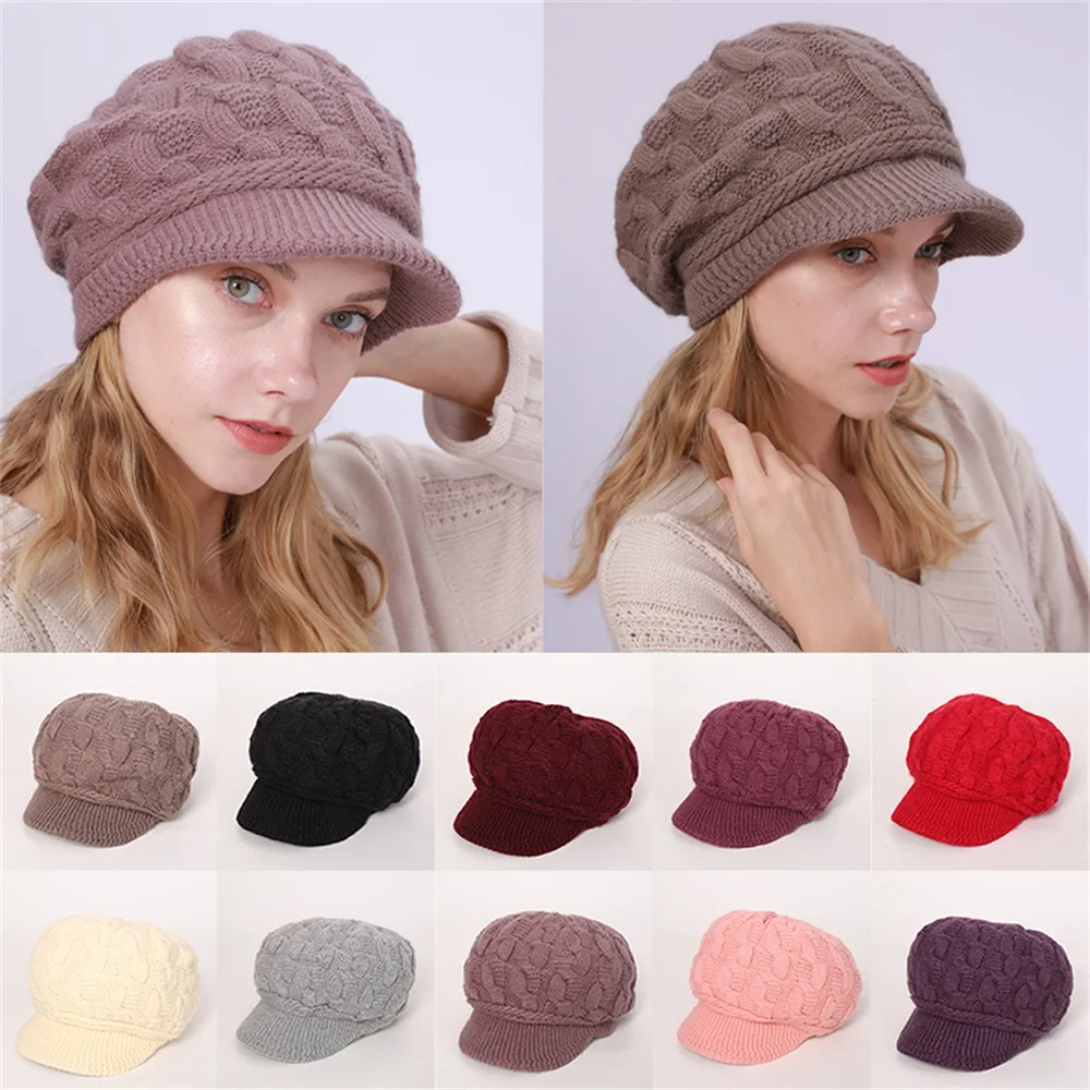 Winter Hats for Women Beanies Knitted Solid Hat With Brim Girl Autumn Female Beanie Caps Thickened Warm Bonnet Ladies Casual Cap