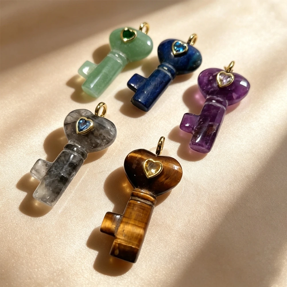 Carved Heart Key Mixed Gemstone Charms Gold Capped Inlaid Zircon Bulk Natural Healing Stone Craft Components P2D1002
